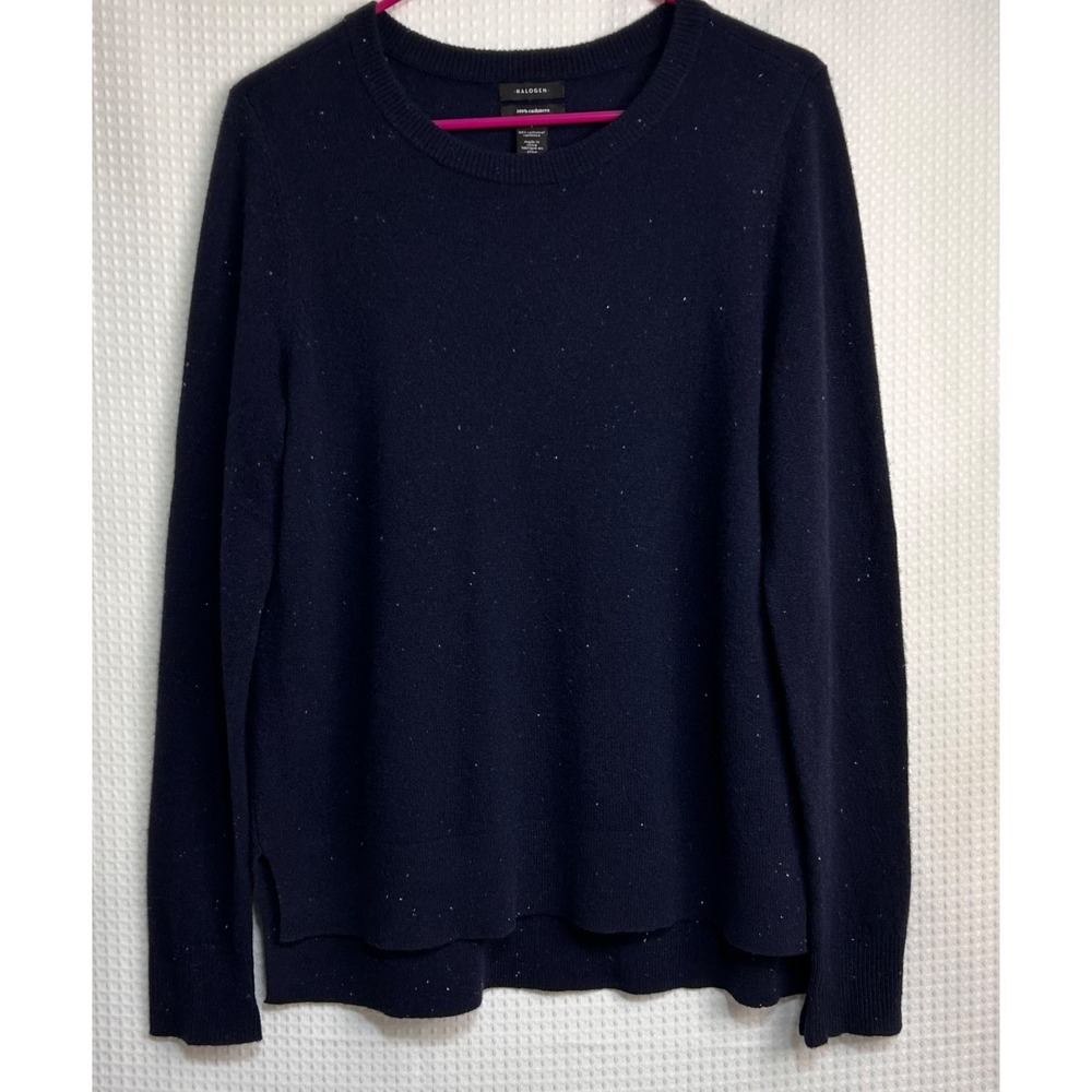 Halogen 100% Cashmere Size L Sweater Crew Neck Navy Blue Speckles Pullover b6